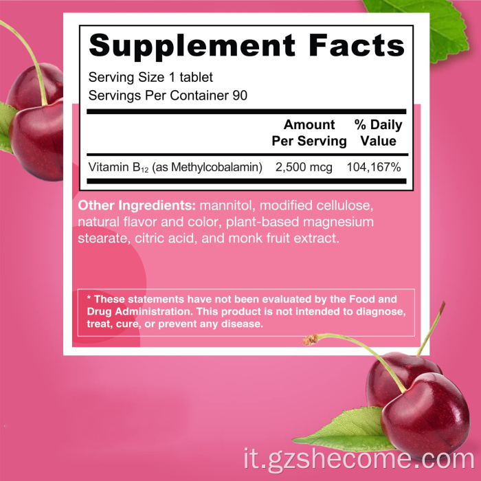 Compresse di vitamina B12 al gusto di ciliegia di vitamina B12